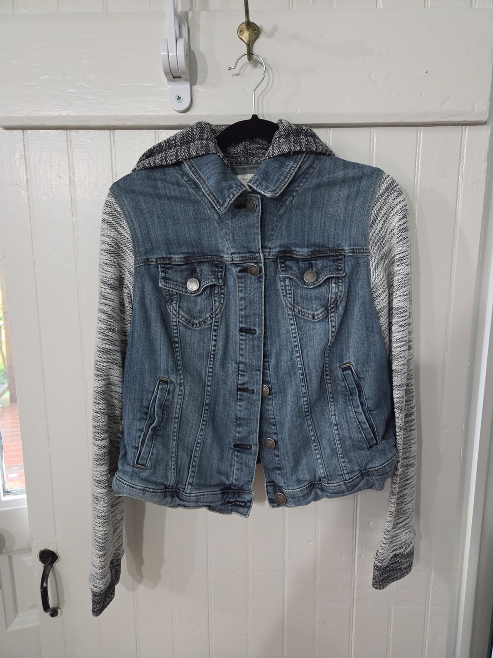 Women’s Denim Jacket with Knit Hood and Sleeves - Blue